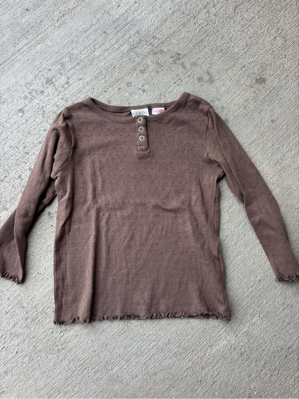 Zara Brown Long-Sleeve Henley Top with Ruffle Edges